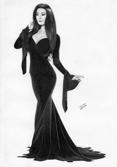 a black and white drawing of a woman in a long dress with her hands on her hips