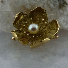 "Vintage 18K Yellow Gold Floral Pin Pearl Center, 1.5 inch across, 8mm central white cultured pearl, \"H\" maker, Circa 1960, 14.9 grams Stock # BB375BAM05 This listing contains photographs of the actual item you will receive. Our items are in excellent condition with little or no signs of wear and many are one of a kind pre-owned estate finds. Please look closely at the pictures in this listing as they are part of the product description. Please read the description, as any imperfections or con Vintage Gold Akoya Pearl Jewelry, Vintage Gold Jewelry With Akoya Pearl, Vintage Akoya Pearl Jewelry For Anniversary, Vintage Akoya Pearl Wedding Jewelry, Gold Lamp, Floral Pins, Handmade Embroidery Designs, Floral Jewelry, Art Nouveau Jewelry