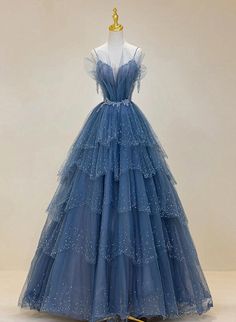 Blue Shiny Tulle Long Beaded A-line Prom Dress Outfits For Girls Formal Dress Blue, Prom Dress Blue, A Line Prom Dress, Blue Outfits, Prom Inspo, Long Formal Dress, Blue Floor, Color Rush, Blue Party Dress