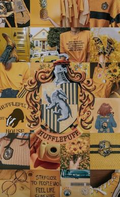 a collage of yellow and black pictures with different things on the top one is an image of a school crest