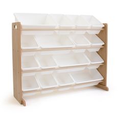 a wooden shelf with white bins on it