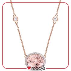 A gorgeous blush-tone morganite is wrapped in a halo of diamonds and set on a chain adorned with white sapphires to create this stunning pendant necklace in fiery rose gold. Morganite Necklace, Sapphire Necklace Pendants, Rose Gold Morganite, Halo Necklace, Morganite Diamond, Diamond Jewelry Designs, Pendent Necklace, Sapphire Pendant, Station Necklace