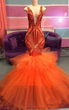 Black Girl Prom Dress Prom Dress Orange, Girl Prom Dress, Orange Party Dresses, Prom Dresses Tulle, Orange Mermaid, Cheap Evening Gowns, Girl Prom, Orange Prom Dresses, Popular Prom Dresses