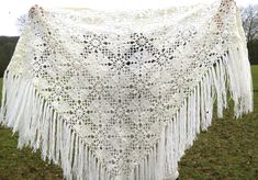 Hand crocheted ecru white openwork shawl Composition: 100% acrylic. Dimensions: 2.15 x 1.70 x 1.70 m + fringes 27 cm. Shawl set large, soft. Shawl is soft and elegant. Shawl is ready to ship. Soft Shawl, Elegant Shawl, Shawls And Wraps, Hand Crochet, Scarf Wrap, Scarf Accessory, Shawl, Beauty Book, Accessory Gift