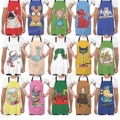 children's aprons with cartoon characters on them, all different colors and sizes