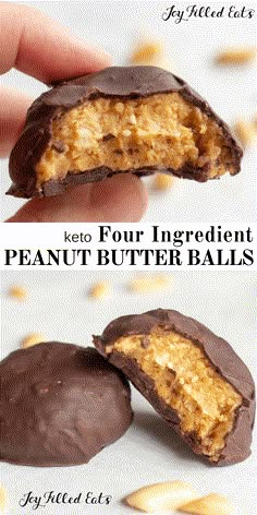 peanut butter balls are cut in half to show the inside