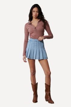 Juniors' Denim Tennis Skirt - LK’s Boutique,  pleated mini skirt Denim Tennis Skirt, Clothing Pieces, Tennis Skirt, Denim Mini, Jean Skirt, Denim Mini Skirt, On The Side, Side Zip, Labour Day