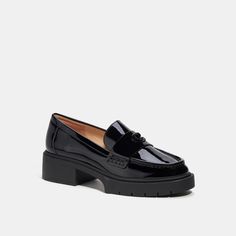 Our Leah loafer takes a timeless style to new heights with a chunky ‘90s-inspired lug sole for subtle lift. Crafted of glossy patent leather it features cushiony memory foam padding for all-day comfort and is finished with tonal Signature hardware for an iconic Coach look. | Coach Leah Loafer Shoes - Women's Size 5.5 - Black Patent Spring Office Platform Loafers In Patent Leather, Spring Office Patent Leather Platform Loafers, Spring Patent Leather Platform Loafers For Work, Patent Leather Platform Loafers For Spring Workwear, Fall Season Patent Leather Platform Loafers, Office Patent Leather Platform Loafers, Patent Leather Platform Loafers With Lug Sole, Patent Leather Platform Loafers For Work, Formal Patent Leather Platform Loafers With Lug Sole