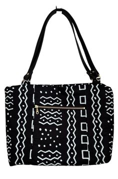 "This is a beautiful, large size black and white Ankara Tote Bag. It's very roomy with double slip inside pockets. It features: - 16\" Top Recessed Zipper  -7.5\" Front Zipper Pocket  - Double Interior Pockets  -12\" Height  -18\" Width -23 1/2\" Leather shoulder straps" White Weekender Bag With Zipper For Daily Use, Casual Black Laptop Bag With Double Handle, White Rectangular Weekender Bag With Zipper, White Rectangular Weekender Bag With Zipper Closure, White Rectangular Laptop Bag, White Rectangular Hobo Bag For On-the-go, White Satchel Weekender Bag For On-the-go, White Satchel Weekender Bag For Daily Use, Casual Black Laptop Tote Bag