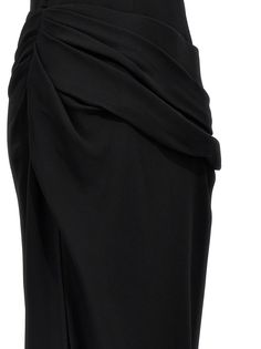 Stretch viscose dress, draped at the waist, graphic V-neck, side zip closure, bare back, wide side split. Composition: 97% viscose, 3% elastane Black Formal Draped Skirt, Silk Ruched Draped Skirt, Elegant Ruched Draped Skirt For Formal Occasions, Elegant Ruched Draped Skirt For Formal Events, Elegant Ruched Draped Skirt For Night Out, Fitted Asymmetrical Draped Skirt For Workwear, Elegant Draped Skirt For Workwear, Chic Fitted Midi Draped Skirt, Formal Pre-draped Skirt With Folds