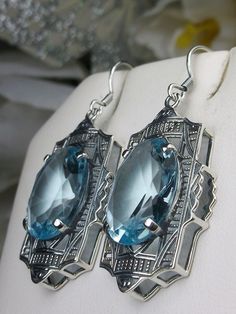 Sky Blue Aquamarine Earrings, oval gemstones, Silver Art Deco Filigree, Vintage Jewelry 1930s Brooch, Earrings Art Deco, Art Deco Movement, Art Deco 1920s, Aquamarine Earrings, Earrings Art, Braid Designs, Luxury Rings, Sterling Silver Filigree