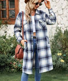 Women's Plaid Shacket INS Style Woolen Plaid Print Long Sleeve Jacket Long-Length Check Shacket Single Breasted Outerwear For Cold Fall Weather, Oversized Winter Shacket With Pockets, Long Sleeve Outerwear With Button Closure For Cold Weather, Oversized Collared Winter Outerwear, Winter Oversized Collared Outerwear, Collared Outerwear With Pockets For Cold Weather, Plaid Single-breasted Outerwear For Winter, Fall Single-breasted Long Sleeve Outerwear, Single-breasted Plaid Outerwear For Winter