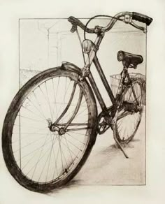 a pencil drawing of a bicycle leaning against a wall