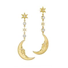 Anthony Lent Hanging Crescent Moonface Earrings Moon Face Earrings, Anthony Lent, Pendulum Earrings, Indian Wedding Jewelry Sets, Backdrops Necklace, Bridal Necklace Set, Face Earrings, Diamond Eyes, Platinum Jewelry