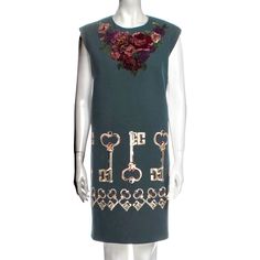 Dolce Gabbana Keys And Roses Velvet Embroidered Wool Dress It 42 Virgin Wool Mini Dress Size: M | Us6, It 42 Dolce & Gabbana Virgin Wool Shift Dress Green Printed Embroidered Accent Sleeveless With Crew Neck Concealed Zip Closure At Back Size Guide Bust: 37.5" Waist: 40" Hip: 44" Length: 36.25" Fabric: 69% Virgin Wool, 15% Rayon, 10% Viscose, 5% Polyester, 1% Elastane; Lining 96% Silk, 4% Elastane Dolce Gabbana Dress, Embroidered Wool, Green Print, Wool Dress, Embroidered Dress, Green Dress, Shift Dress, Size Guide, Colorful Dresses