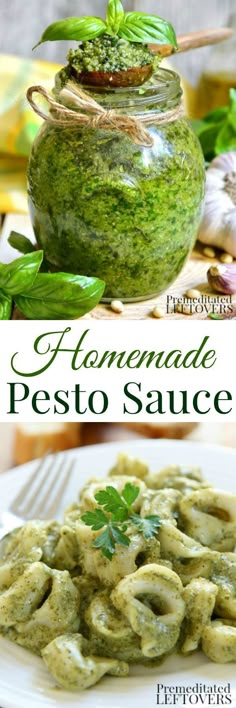 pesto sauce in a jar and on a plate