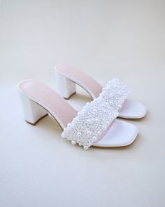 Satin Block Heels Slide Wedding Sandals with Perla Applique Wedding Shoes Sandals, Block Shoes, Wedding Sandals, Satin Slip, Pearl Wedding, Feminine Look, Block Heels Sandal, Easy Wear, Bridal Shoes