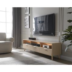 a living room with a large television on the wall and a plant in front of it