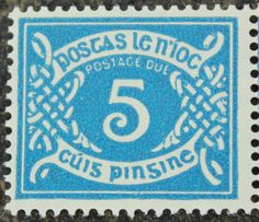 a blue and white postage stamp with the number five on it's front side