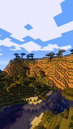 an image of a mountain with trees and bushes on the top, in minecraft