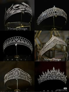 four different tiaras on display in various positions