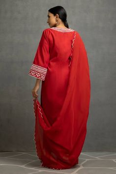 Red chanderi silk kurta with mirror and thread embroidery. Paired with a pant and scalloped dupatta. - Aza Fashions Scalloped Dupatta, Kurta Pant Set, Silk Kurta, Kurta With Pants, Thread Embroidery, Pant Set, Embroidered Silk, Set For Women, Cotton Silk