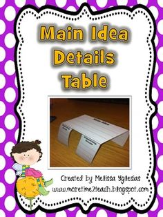 the main idea details table is shown in purple and white polka dot paper with an image of