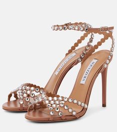 Find AQUAZZURA Tequila Embellished Leather Sandals on Editorialist. Upper: leather. Lining: leather. Sole: leather insole and sole. Toe shape: almond open toe. Made in Italy. Includes: shoe box, dust bag. Designer color name: Powder Pink. Leather Sandals With Embellished Single Toe Strap, Embellished Leather Sandals With Single Toe Strap, Luxury Leather Party Sandals, Leather Embellished Sandals For Evening, Leather Embellished Evening Sandals, Embellished Leather Sandals For Evening, Embellished Leather Sandals With Open Heel, Luxury Brown Sandals For Party, Spring Leather Sandals Embellished