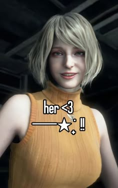 a woman with short blonde hair wearing a yellow top and texting her 3 star