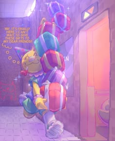 an image of a cartoon character with balloons in his hand and the caption says, may it's finally here i cannot these gifts to my dear friend