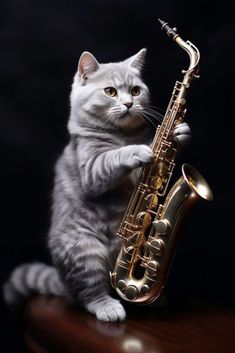 a cat sitting on top of a wooden table next to a saxophone