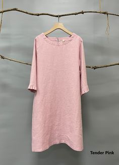 "Simple tunic dress with dressy ruffled sleeves (or even hem if you prefer ), a no brainer pick for many occasions. -100% medium weight linen -Half sleeves with ruffled edge -Above the knee length -Back button closure -Hem ruffle can be added upon request with additional cost Please provide your shoulder width, full bust measurement ( measured around the fullest part ), your lower hip measurement and your height in the note to seller box. Don't see your size? Please message us for custom made or Summer Dress With Ruffle Hem And 3/4 Sleeves, Summer Dresses With Ruffle Hem And 3/4 Sleeves, Summer Ruffle Hem Half Sleeve Dresses, Summer Ruffle Dress With Half Sleeves, Summer Dresses With Ruffle Hem And Half Sleeve, Summer Half Sleeve Dress With Ruffle Hem, Pink Linen Ruffled Dress, Spring Dress With Ruffle Hem And 3/4 Sleeves, Spring Dresses With Ruffle Hem And 3/4 Sleeves