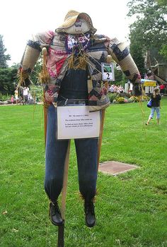 a scarecrow is standing in the grass