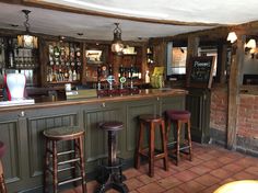 a bar with three stools in front of it