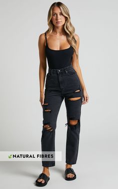 Billie Jeans - High Waisted Cotton Distressed Mom Denim Jeans in Black Wash | Showpo USA High Rise Jeans For Night Out, Edgy Ripped Fitted Jeans, Spring Black Ripped Jeans, High Rise Black Distressed Jeans, Trendy Black Cutoff Jeans, Ripped Denim Jeans For Night Out, Distressed Denim Jeans For Night Out, Grunge High-rise Black Jeans, Black High Rise Grunge Jeans