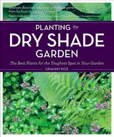 the cover of planting the dry shade garden, with purple flowers and green leaves on it