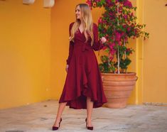 Burgundy long wrap dress / bridesmaid dress / cocktail dress / | Etsy Chic V-neck Bridesmaid Evening Dress, Elegant V-neck Midi Dress For Prom, Spring Evening Maxi Wrap Dress, Elegant Long Sleeve Summer Gown, Chic Midi-length Wedding Gown, Chic Midi Length Wedding Gown, Formal Summer Maxi Length Wrap Dress, Elegant V-neck Maxi Dress For Wedding Guest, Elegant V-neck Wrap Dress For Party