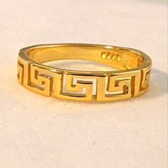 Sterling Silver Gold Plated Over Sterling Silver Greek Key Design Ring. Versace Greek Key Ring, Greek Rings Jewelry, African Rings, Greek Ring, Fire Opal Ring, Blue Stone Ring, Pattern Ring, Golden Ring, Trendy Ring