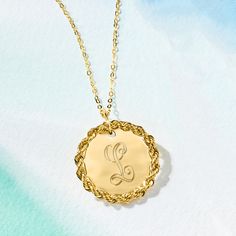 Ross-Simons - Monogram - Italian 14kt Yellow Gold Roped-Circle Necklace. 18". Here it is! The perfect everyday statement for yourself or a friend. From Italy, our chic 14kt yellow gold circle pendant is framed in a roped border for a touch of sophistication. Can be engraved for FREE with a monogram in your choice of block or script type. Suspends from a cable chain with a 2" extender. Made in Italy. Springring clasp, 14kt yellow gold personalized roped circle pendant necklace. Luxury 14k Gold Round Initial Necklace, Gold Luxury Round Pendant Initial Necklace, Yellow Gold Round Initial Necklace, Luxury Yellow Gold Initial Necklace With Round Pendant, Gold Monogram Round Pendant Necklace, Circle Pendant Necklace, Gold Circle, Script Type, Circle Necklace