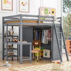 a child's bedroom with a loft bed and desk