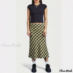 Olivia Mark - Retro Slim Fit Plaid Mermaid Hem Skirt - High Waist Checkered Midi Skirt Casual Fitted Skirted Bottoms, Casual Fitted Lined Skirt, Fitted Casual Maxi Skirt For Summer, Casual Fitted Lined Pencil Skirt, Casual Long Pencil Skirt For Summer, Green Fitted Casual Skirt, Casual Fitted Green Skirt, Casual Fitted Denim Skirt, Green Fitted Casual Pencil Skirt