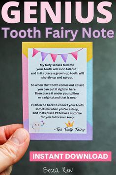 a hand holding up a tooth fairy note with the text genius to tooth fairy note