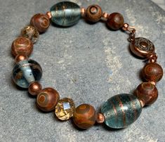 Beaded Bracelet Glass Beads Agate Beads Copper Beads - Etsy Handmade Copper Beaded Bracelets With Round Beads, Beaded Bronze Copper Bracelets, Handmade Copper Beaded Bracelets, Bronze Beaded Copper Bracelets, Spiritual Copper Bracelets With Round Beads, Bohemian Brown Beaded Copper Bracelets, Bohemian Brown Copper Beaded Bracelets, Bohemian Jewelry With 8mm Czech Glass Beads, Bohemian Beaded Copper Bracelets