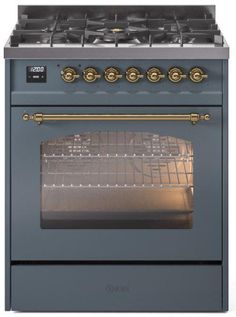 ILVE Nostalgie II 30 Inch Dual Fuel Natural Gas Freestanding Range in Blue Grey with Brass Trim UP30NMPBGG - Farmhouse Kitchen and Bath Freestanding Range, Dual Oven, Induction Range, Chef Work, Dual Fuel Ranges, Brass Trim, Iron Grate, Range Cooker, Gas Burners