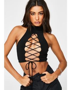 Horoscopez Vinyl Lace Up Crop Top Black | Dolls Kill Fitted Crop Top With Lace-up Back For Spring, Fitted Lace-up Back Crop Top For Spring, Trendy Strappy Halter Top For Night Out, Fitted Strappy Cross-tied Crop Top, Strappy Cross-tied Fitted Crop Top, Edgy Fitted Crop Top For Spring, Cropped Bandage Tops For Party, Fitted Crop Top With Lace-up Back For Party, Trendy Fitted Crop Top For Festivals