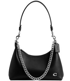 From COACH&#x2C; the Juliet 25 Leather Silver-Toned Shoulder Bag features: Glovetanned leatherSilver-toned hardwareZip-top closureFabric liningInside snap pocketDetachable chain strap with approx. 11.5" dropDetachable long strap with approx. 21.5" drop for shoulder or crossbody wearApprox. 10.75" L x 4.5" H x 4" WImported. Coach Bags Handbags Black, Black Coach Bag, Over The Shoulder Bags, Silver Bags, Black Purses, Leather Silver, Shoulder Purse, Black Handbags, Jewelry Bags