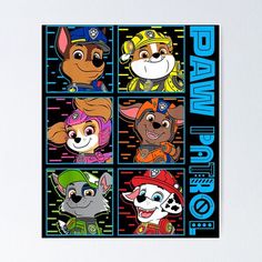 the paw patrol poster with four different cartoon characters on black and blue background posters print