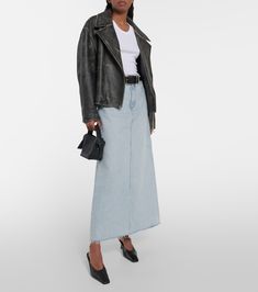 Denim Maxi, Denim Maxi Skirt, Roger Vivier, 90s Inspired, Leather Biker Jacket, Light Wash Denim, Vivienne Westwood, Manolo Blahnik, White Tshirt