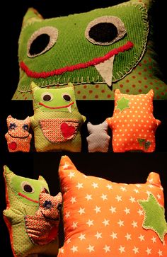 four pillows with different designs on them, one is green and the other is orange