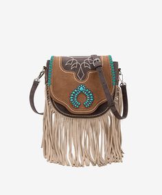 Made of synthetic leather Turquoise stone concho on the flap Fringe and whipstitch detail Top zipper closure An open pocket on the back Detachable adjustable leather purse straps (Drop: 24.5"-27.5") 8"(L) x 3"(W) x 7.5"(H) Interior Capacity: Small Western Bags With Concho Detail, Western Style Bags With Concho, Brown Western Bag With Fringe, Western Brown Bag With Fringe, Western Style Crossbody Bags For Western-themed Events, Montana West Purse, Western Shoes, Western Purses, Black Crossbody Purse